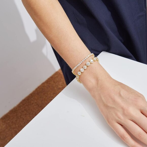 Tennis Bracelet Women Gold Plated 7.5 Inch Cubic Zirconia Jewelry Gift - Picture 5 of 7